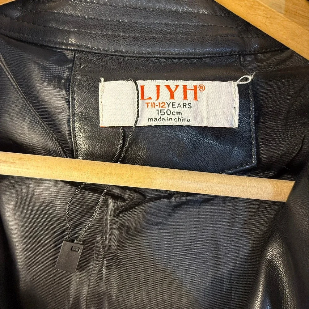 LJYH Boys Black Faux Leather Moto Jacket Cafe Racer Size 11-12 Years 150cm
